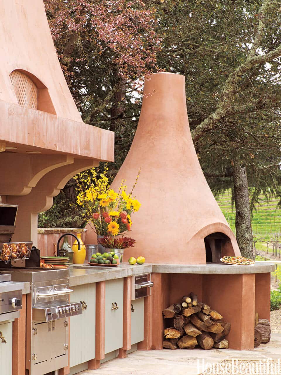 Terra Cotta Outdoor Kitchen With Pizza Oven