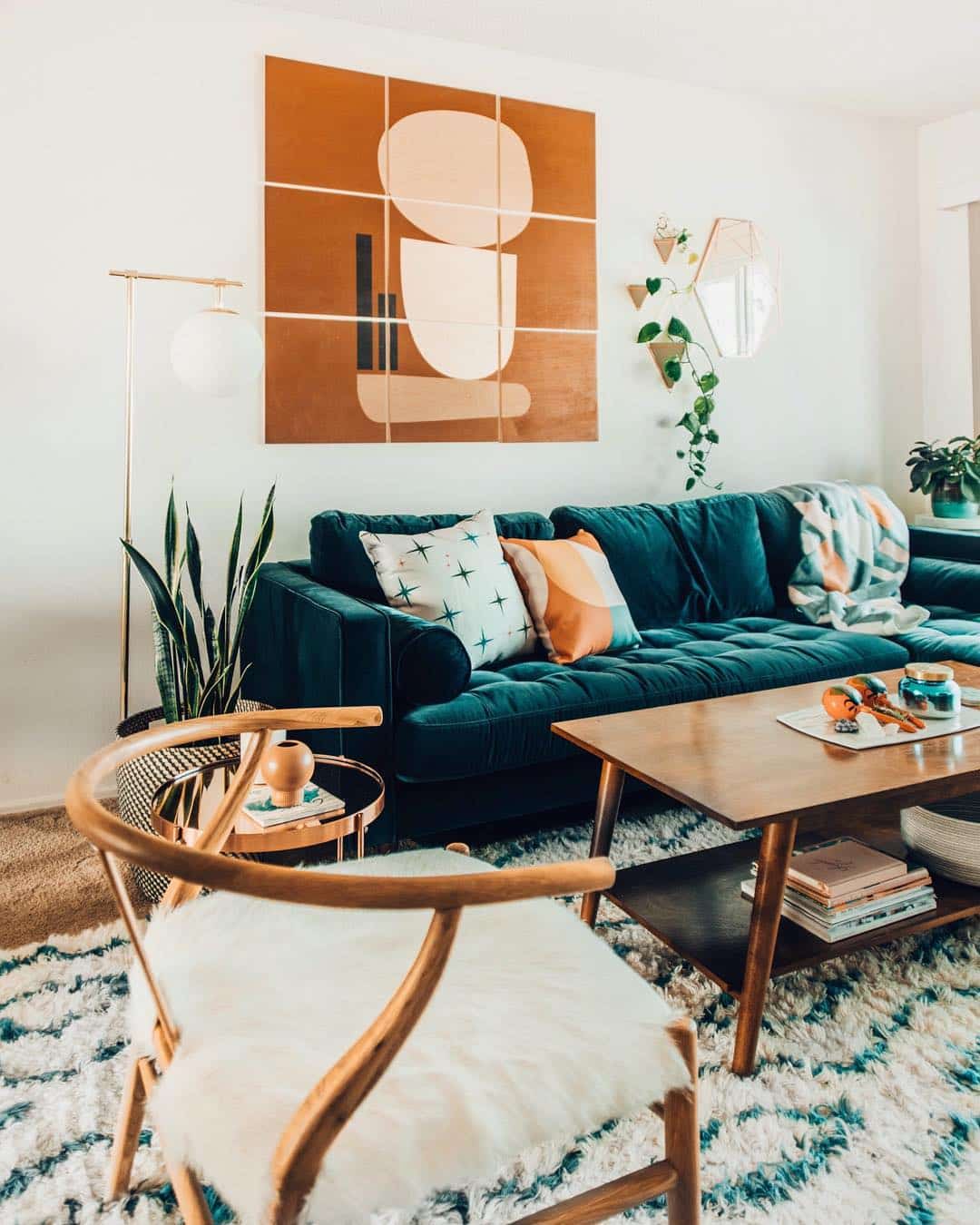 Blue Velvet Sofa in California Beach Style Living Room