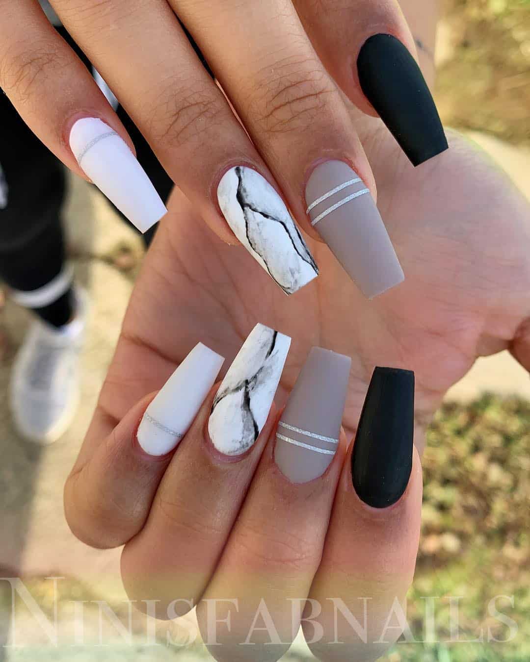 Black and White Marble Coffin Nails