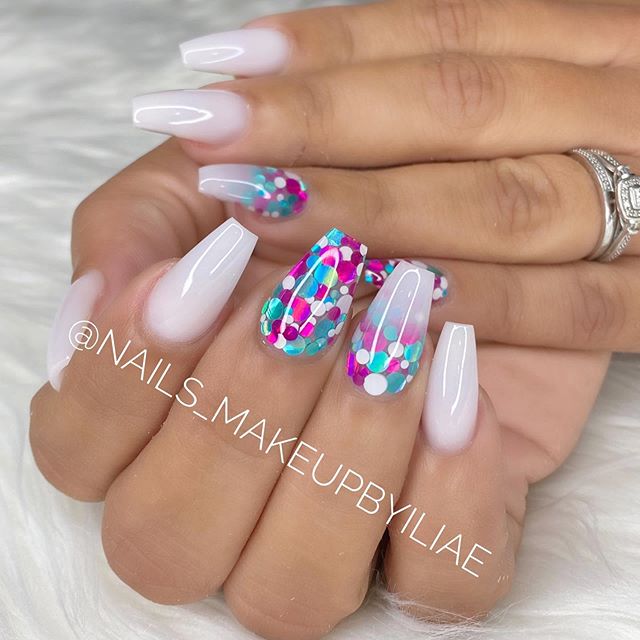 White Coffin Nail Design With Fish Scales