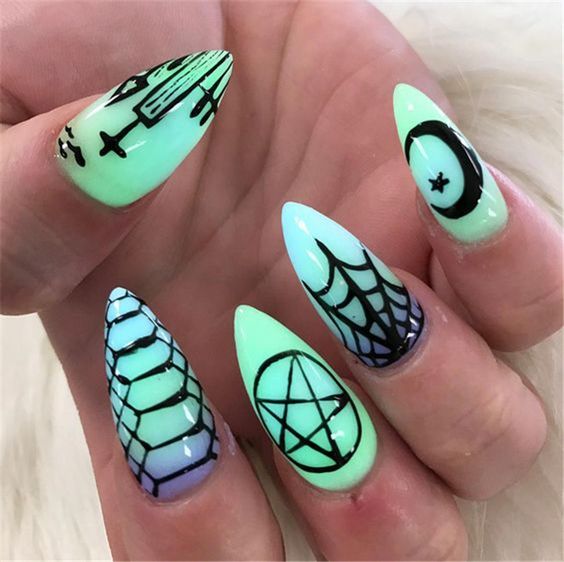 Green Moon, Spiderweb, Pentagram, and Graveyard Halloween Nail Art