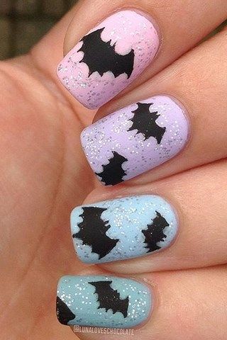 Halloween Nails - Black bats with pastel background and glitter on top - Nail Art