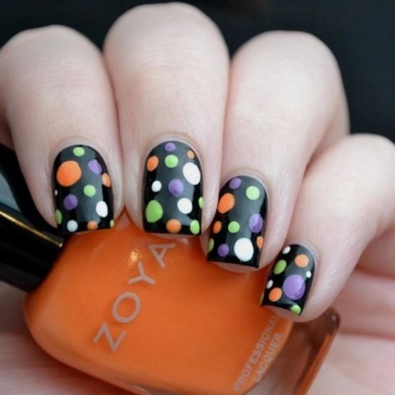 Orange, Purple, White, and Green Polka Dot Halloween Nail Art
