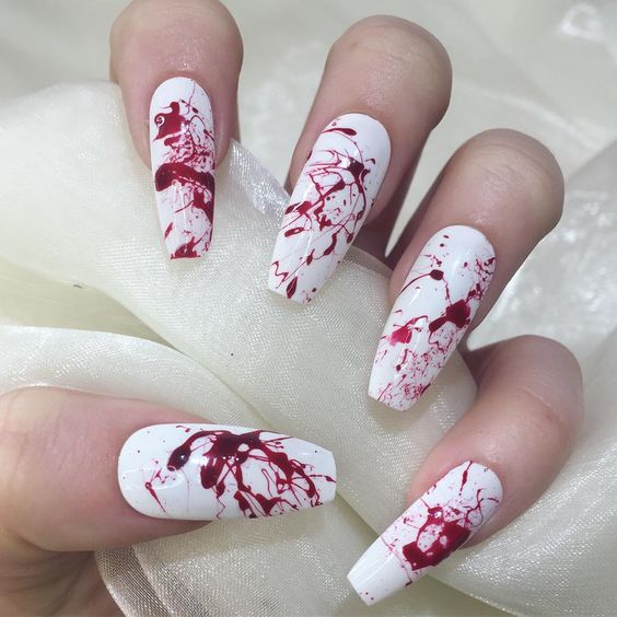 Bloody Marble Nails With White Base for Halloween