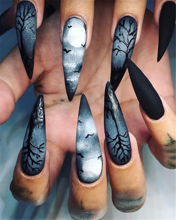 Spooky Black White and Gray Graveyard Nails