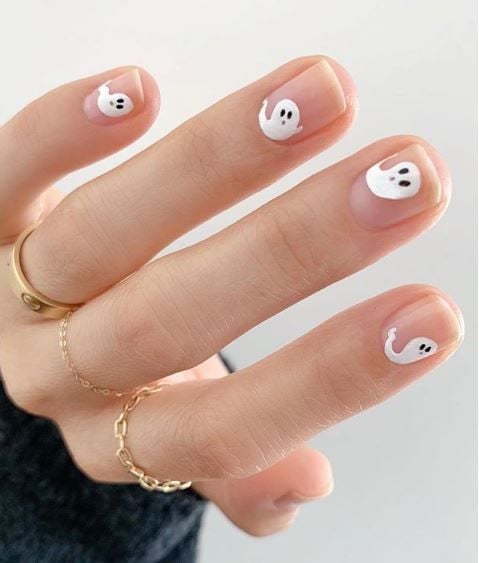 Clear Base With Cute Little White Ghost Halloween Nails