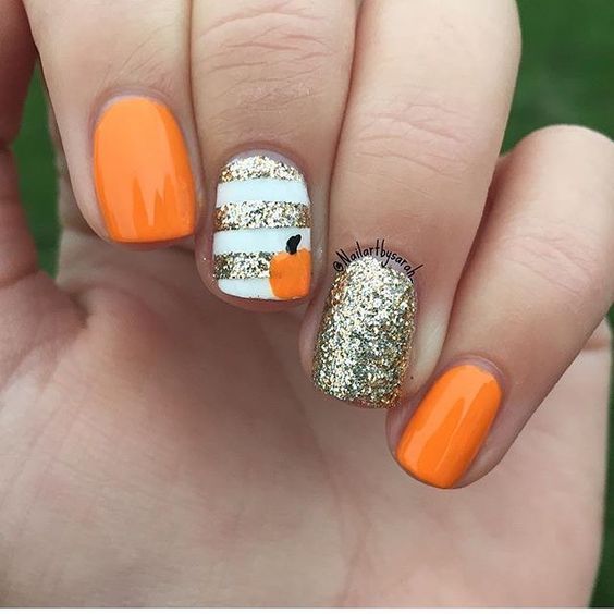 Orange White and Gold Halloween Nails