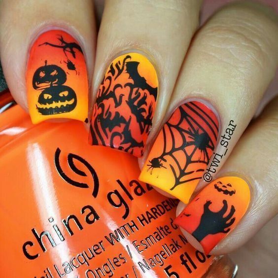 Orange and Yellow Ombre Halloween Nails With Zombies, Spiders and Pumpkin Nail Art