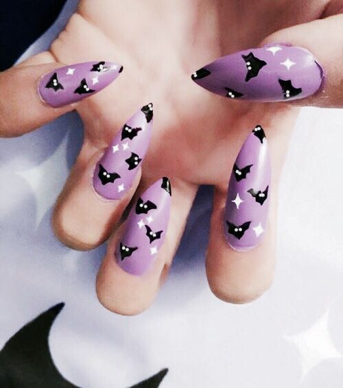 Cute Purple Halloween Nail Art With Black Bats and White Stars