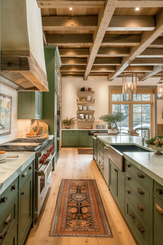 Kitchens with Green Cabinets and Wood Accents