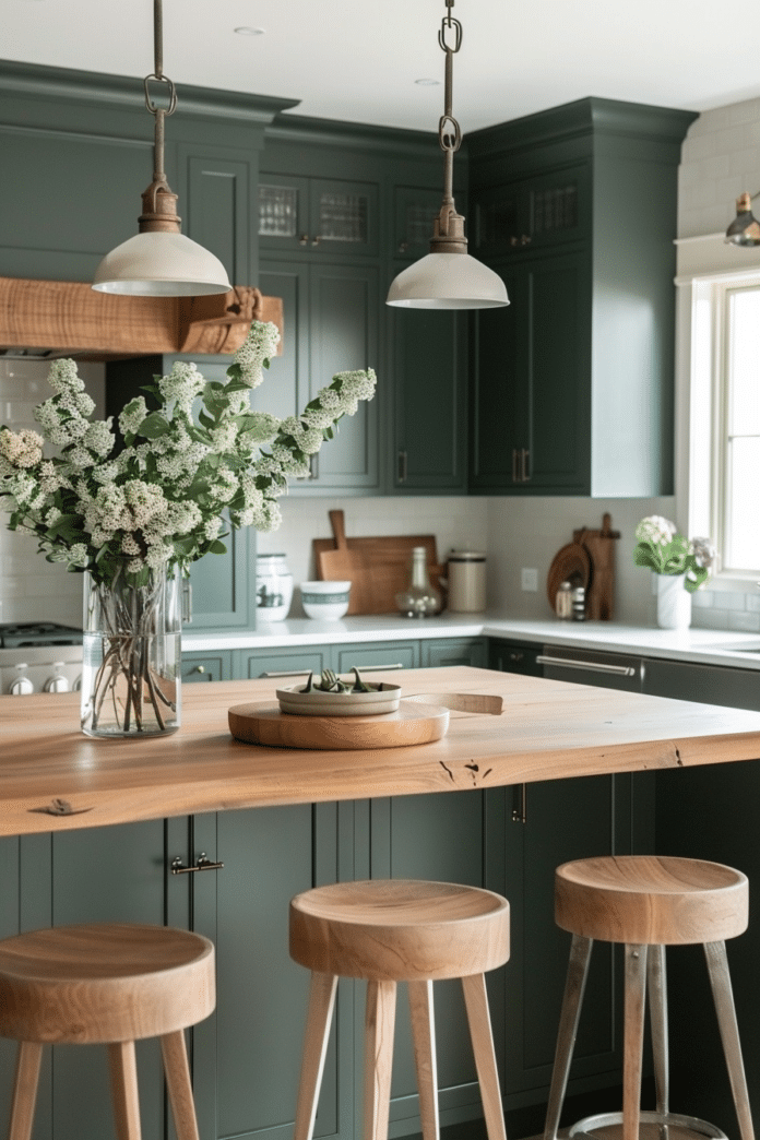 Kitchens with Green Cabinets and Wood Accents