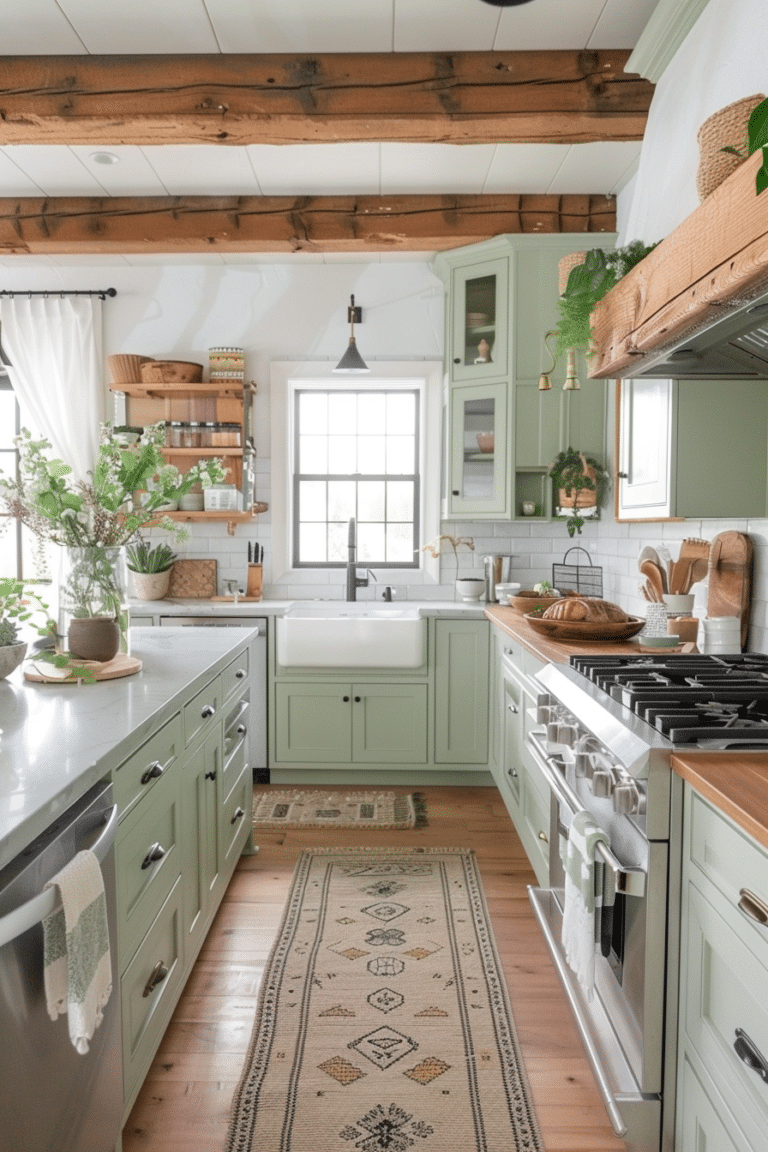 Kitchens with Green Cabinets and Wood Accents