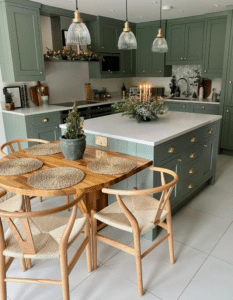 Kitchens with Green Cabinets and Wood Accents