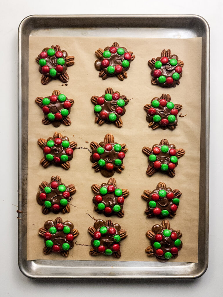 If you’re looking for an easy, festive treat that’s guaranteed to disappear fast, these Holiday Turtles are it! Made with buttery pecans, creamy caramel, and smooth milk chocolate, they’re the perfect bite-sized indulgence for gifting, cookie trays, or cozy nights by the tree. The red and green M&M’s add a cheerful pop of color that makes them look just as good as they taste.